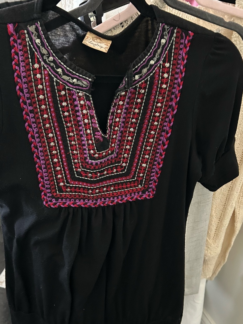 Daytrip Black Tunic with Pink & Purple Embroidered Bib